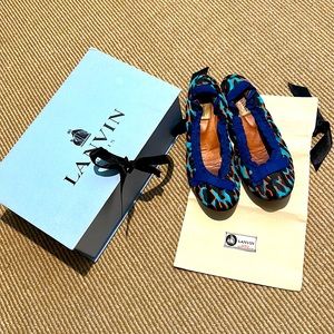 LANVIN blue leopard ballet flats neon 39.5 nylon turquoise 9